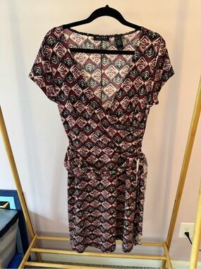 Axcess Burgundy and Cream Geometric Wrap Midi Dress